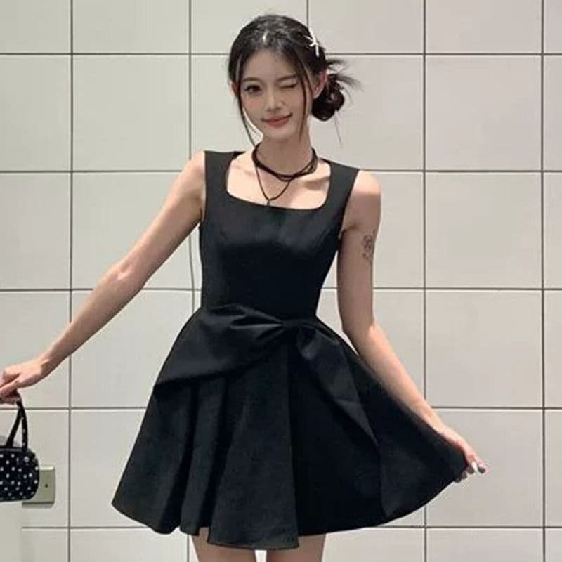 원본 것 그는 벤 천 금빛 바람 검정색 나비 매듭 드레스 여름 허리 수축 슬림해 보이는 품격 한 마디 조끼 미니 스커트 이미지 5