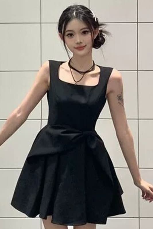 원본 것 그는 벤 천 금빛 바람 검정색 나비 매듭 드레스 여름 허리 수축 슬림해 보이는 품격 한 마디 조끼 미니 스커트 이미지 6
