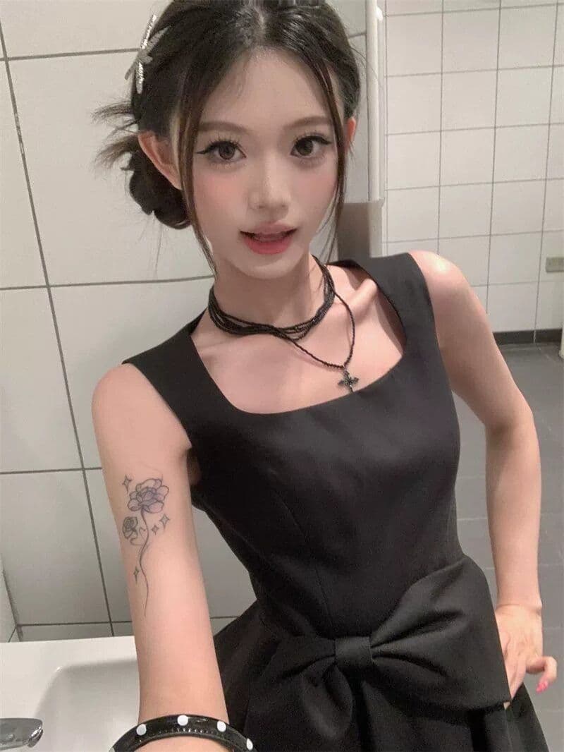 원본 것 그는 벤 천 금빛 바람 검정색 나비 매듭 드레스 여름 허리 수축 슬림해 보이는 품격 한 마디 조끼 미니 스커트 상세 이미지 3