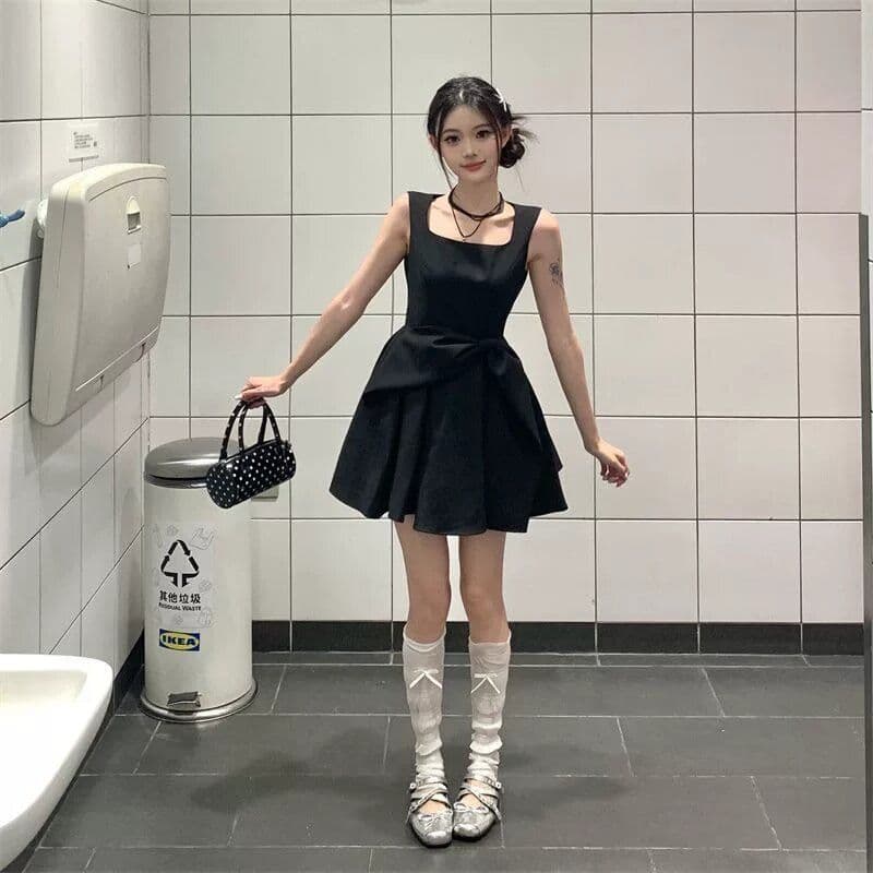 원본 것 그는 벤 천 금빛 바람 검정색 나비 매듭 드레스 여름 허리 수축 슬림해 보이는 품격 한 마디 조끼 미니 스커트 상세 이미지 5