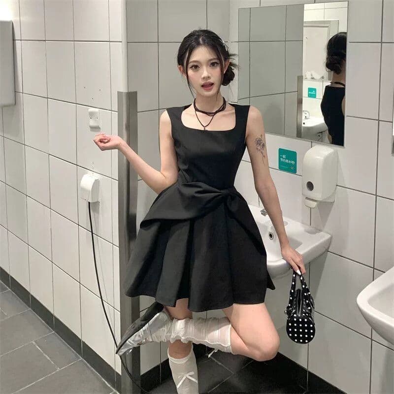 원본 것 그는 벤 천 금빛 바람 검정색 나비 매듭 드레스 여름 허리 수축 슬림해 보이는 품격 한 마디 조끼 미니 스커트 상세 이미지 9