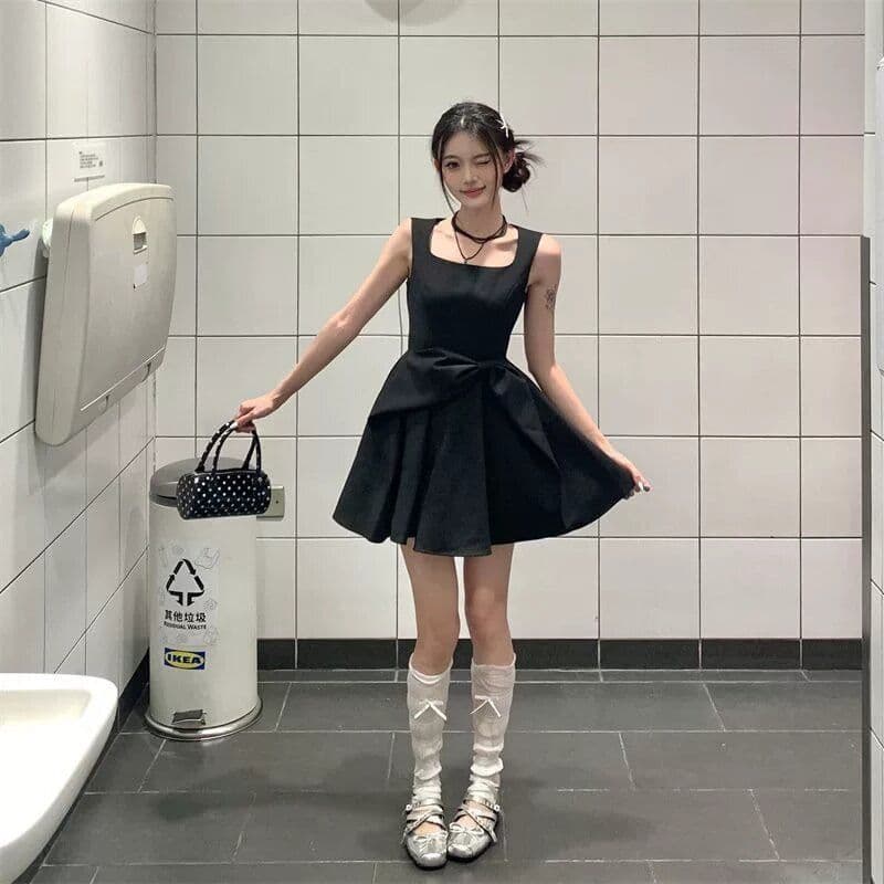 원본 것 그는 벤 천 금빛 바람 검정색 나비 매듭 드레스 여름 허리 수축 슬림해 보이는 품격 한 마디 조끼 미니 스커트 상세 이미지 11