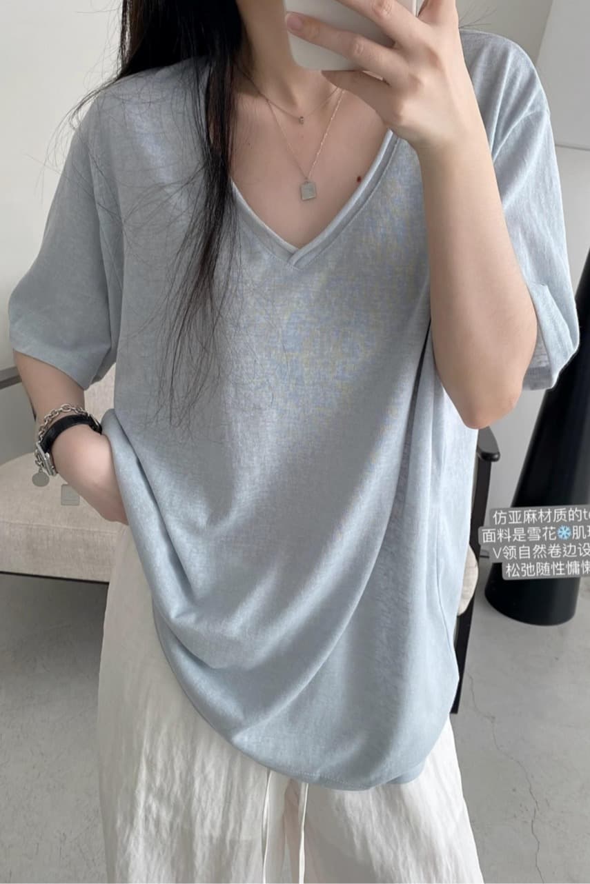 느슨함 센스 눈꽃 질감 볼륨 측면 V넥 반팔 루즈핏 느긋한 티셔츠 맨위 여성 루즈핏 슬림해 보이는 단색 여름 얇은 스타일 이미지 6