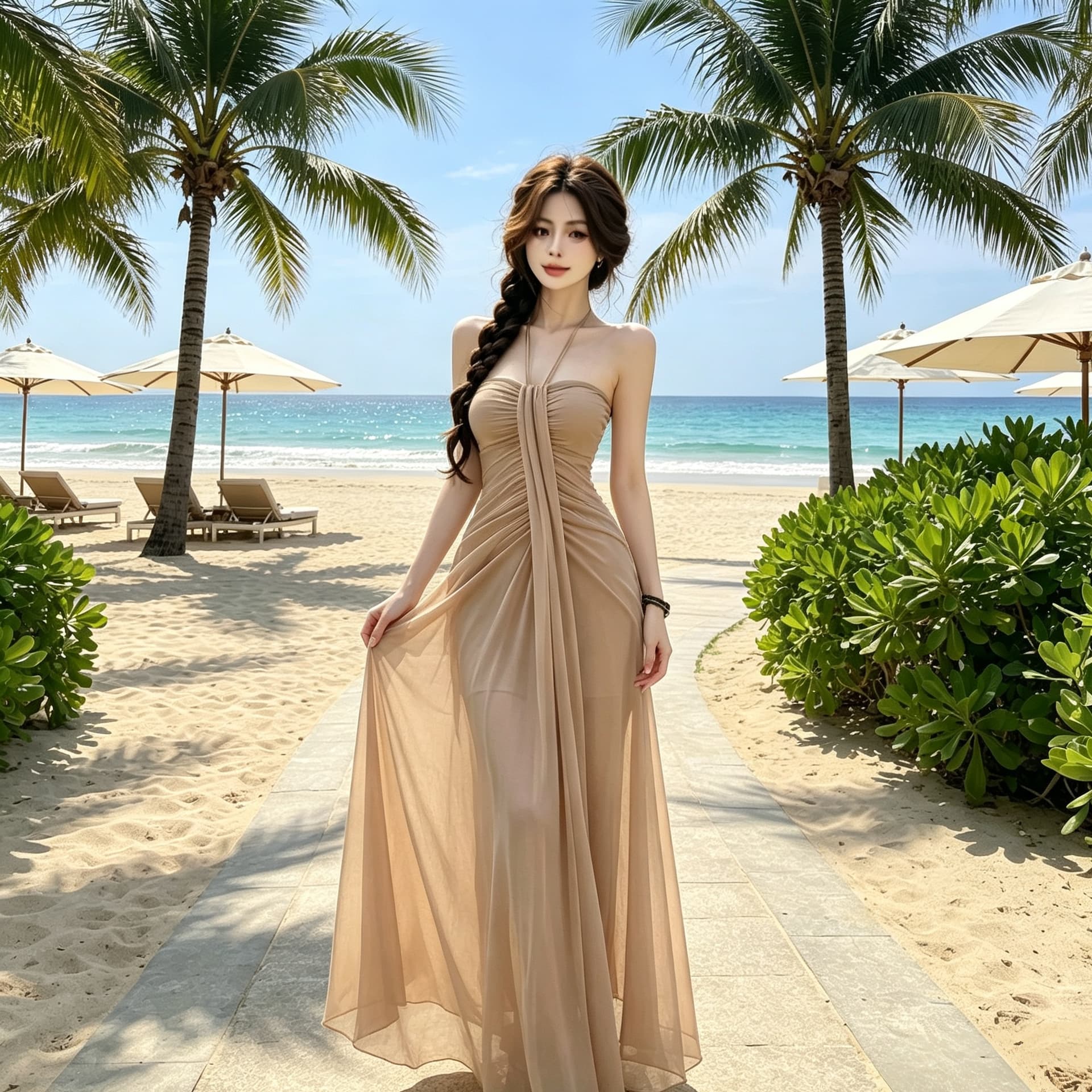 여름 새로운 요정 가스 튜브탑 행침 목 롱 스커트 섬 여행 분위기 센스 Tulle 슬림해 보이는 우아함 품격 드레스 이미지 3