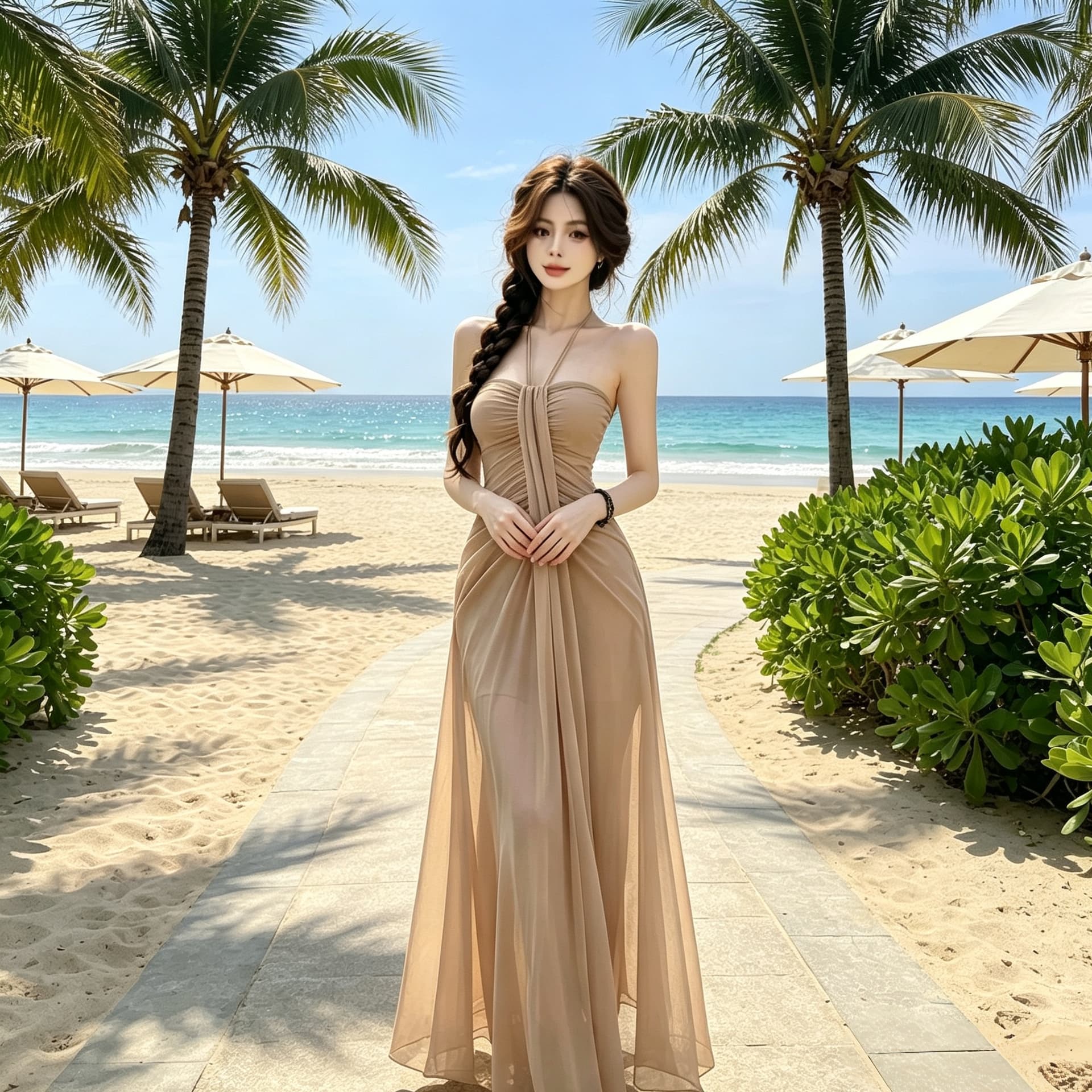 여름 새로운 요정 가스 튜브탑 행침 목 롱 스커트 섬 여행 분위기 센스 Tulle 슬림해 보이는 우아함 품격 드레스 상세 이미지 8