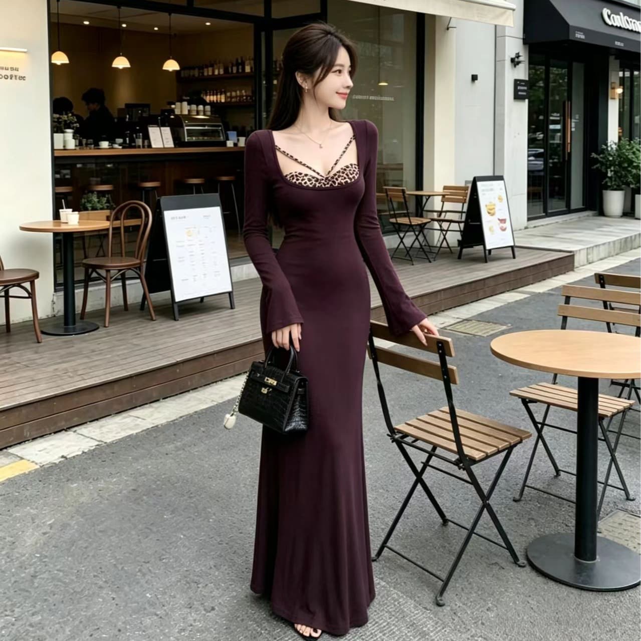 두 조각 프랑스식 몸매 가꾸기 품격 레오파드 무늬 패치워크 핫걸 긴팔 드레스 가을 새로운 가을 겨울 섹시함 슬림해 보이는 이미지 5