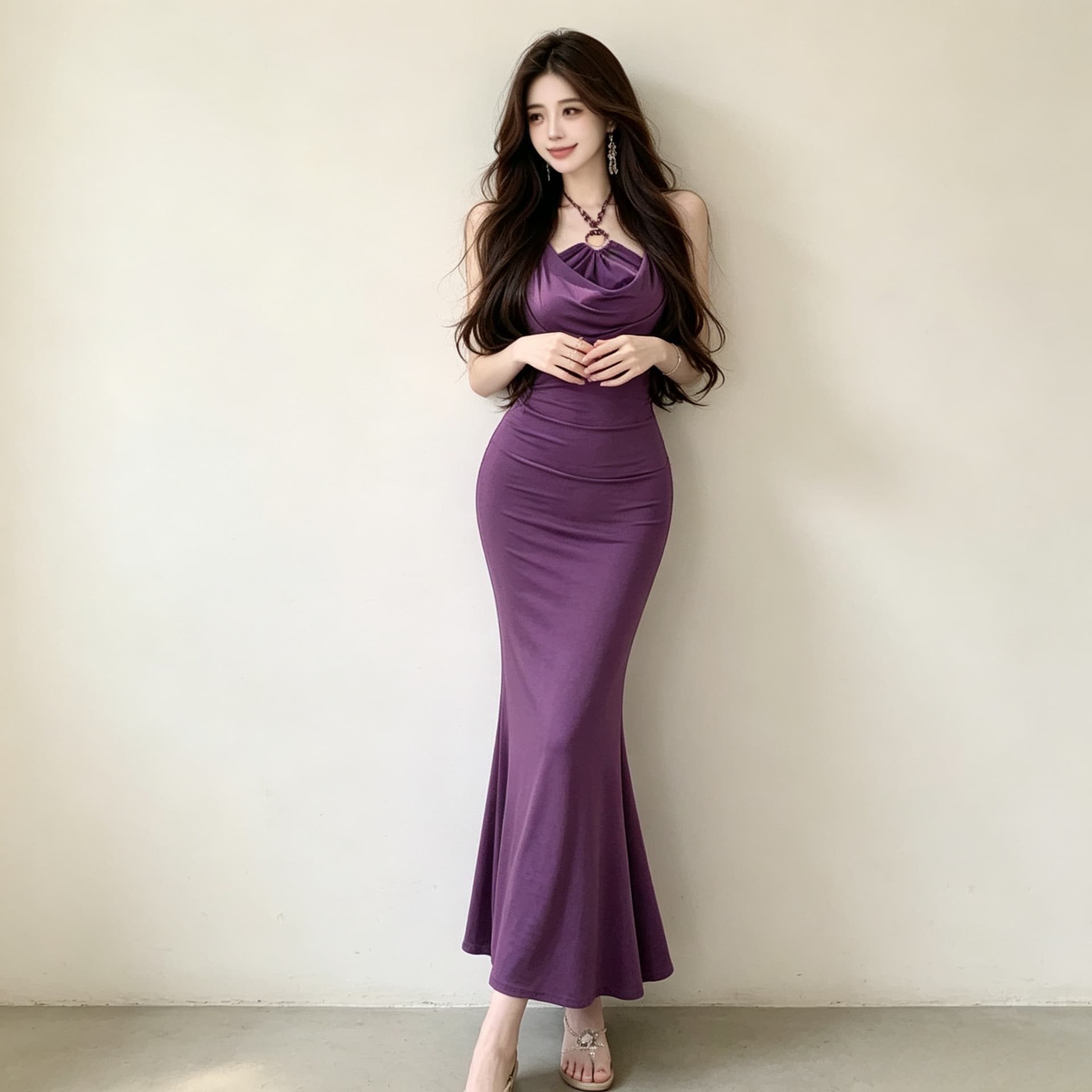 섹시함 순수한 욕망 행침 목 흔들다 칼라 슬립 드레스 2026 새로운 작은 대중 품격 몸매 가꾸기 슬림해 보이는 롱 스커트 이미지 5