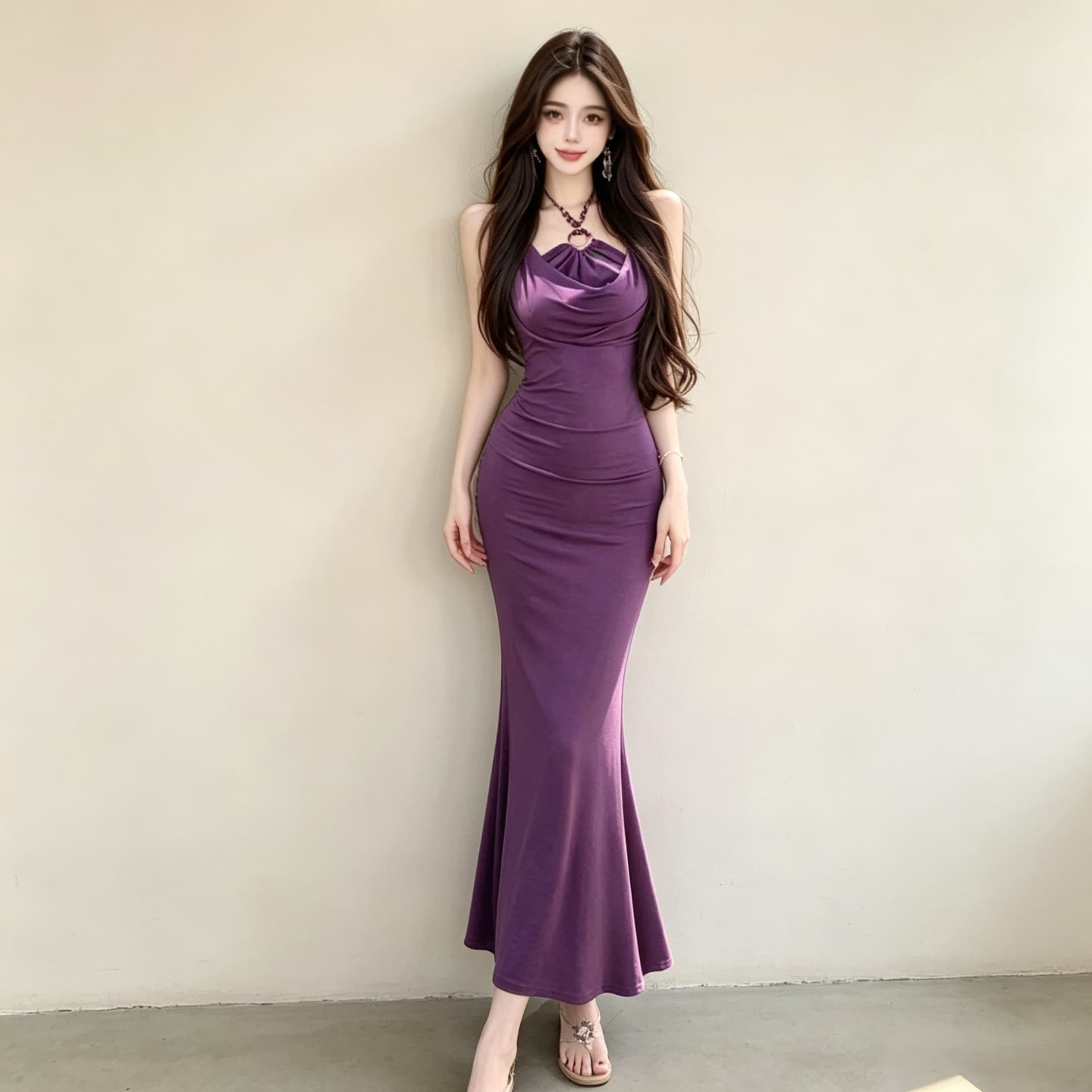섹시함 순수한 욕망 행침 목 흔들다 칼라 슬립 드레스 2026 새로운 작은 대중 품격 몸매 가꾸기 슬림해 보이는 롱 스커트