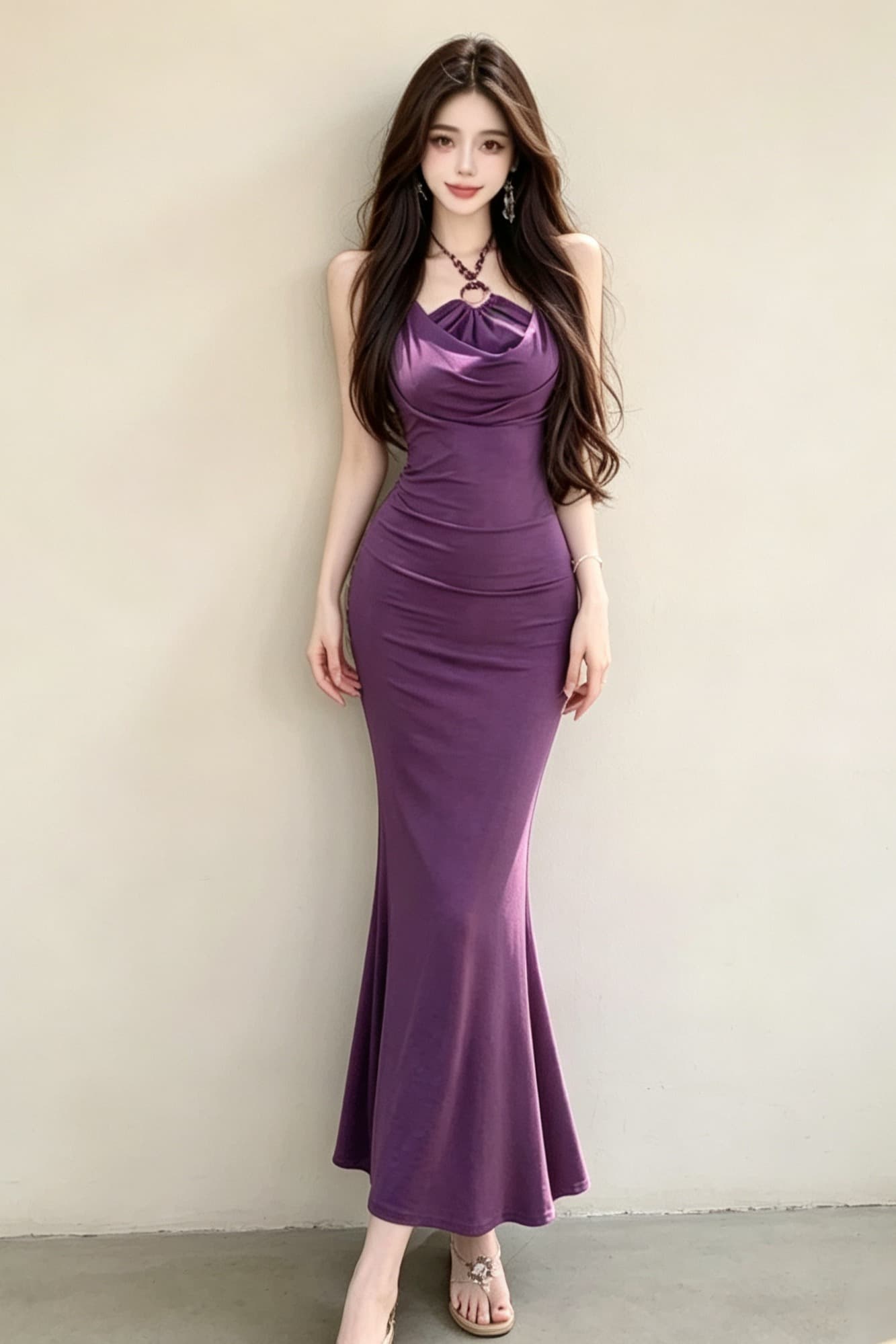 섹시함 순수한 욕망 행침 목 흔들다 칼라 슬립 드레스 2026 새로운 작은 대중 품격 몸매 가꾸기 슬림해 보이는 롱 스커트 이미지 6