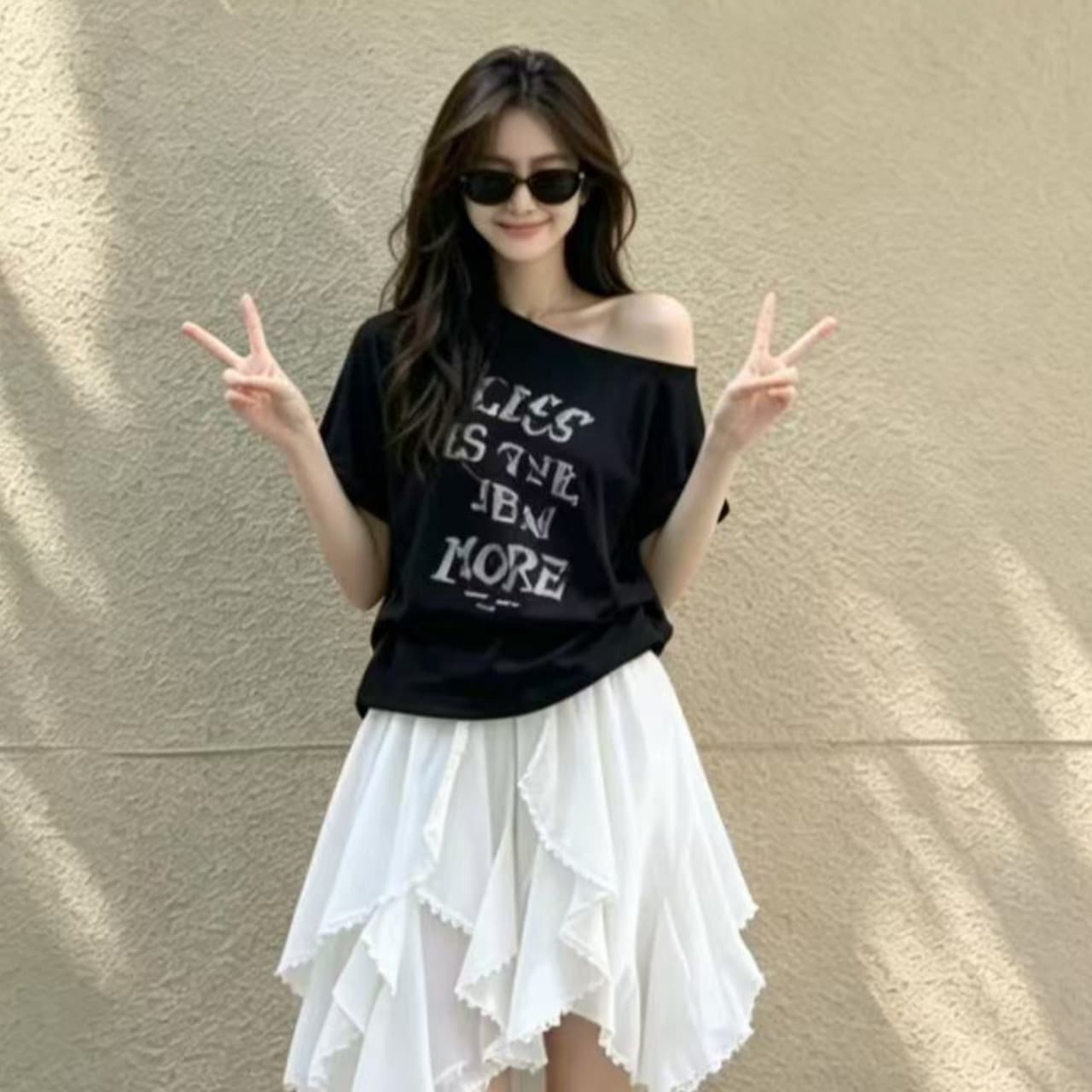 220 그램 92 면 8 암모니아 Lun 아메리칸 핫걸 비스듬한 어깨 알파벳 프린트 반팔 티셔츠 여성