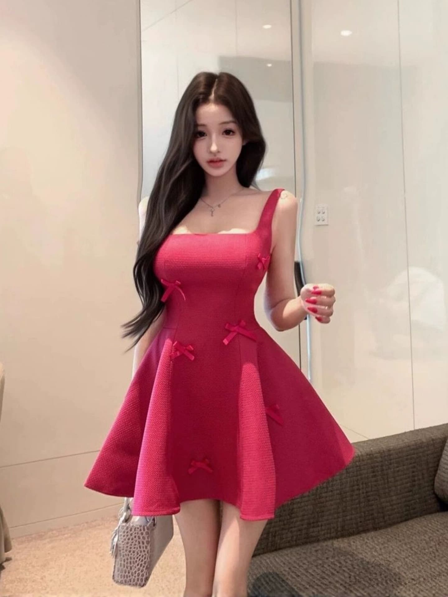 장미 핑크색 나비 매듭 광장 칼라 슬립 여성 드레스 여름 순수한 욕망 바람 치마 고급 센스 품격 한 마디 미니 스커트 이미지 2