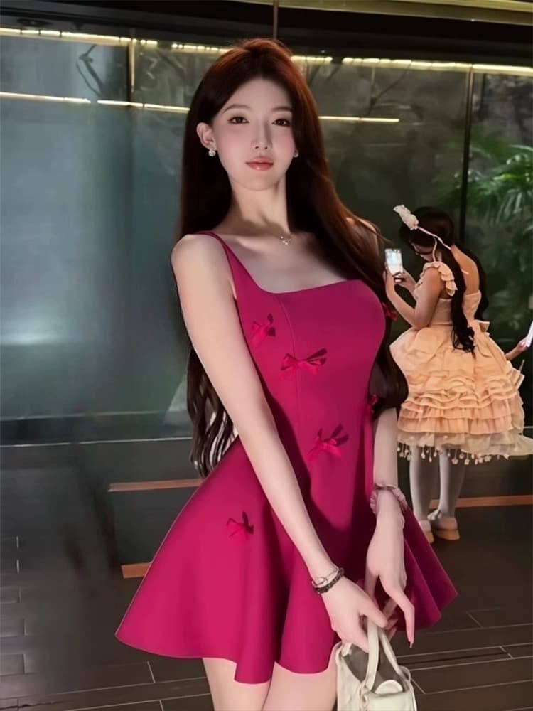 장미 핑크색 나비 매듭 광장 칼라 슬립 여성 드레스 여름 순수한 욕망 바람 치마 고급 센스 품격 한 마디 미니 스커트 상세 이미지 1