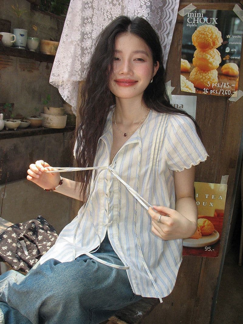 원본 컬러 짜임 기사 탐색 세트 프랑스식 작은 대중 디자인 센스 스트라이프 반팔 맨위 여성 여름 셔츠 작은 셔츠 한 부서 상세 이미지 2