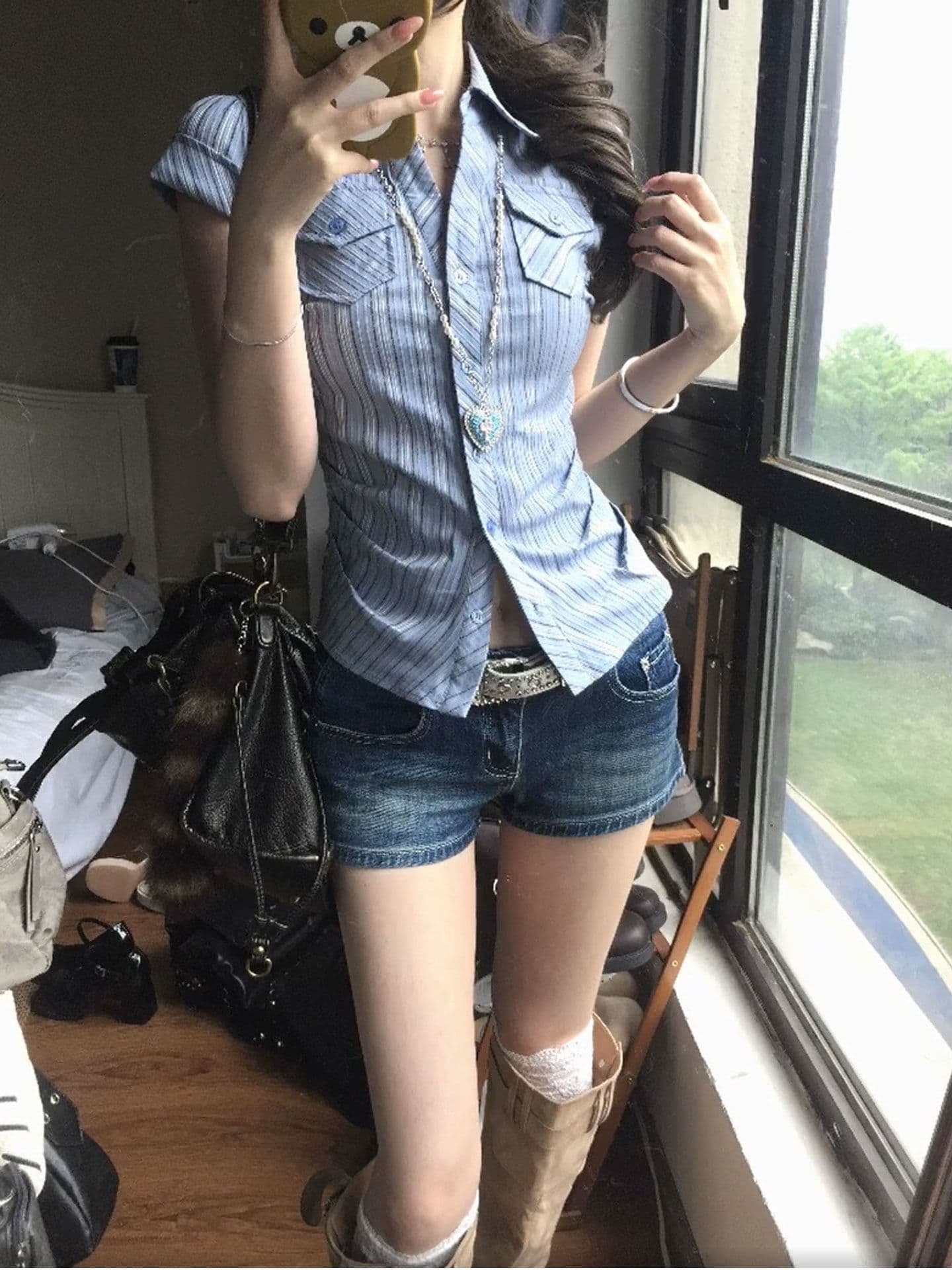 원본 자카드 한 부서 꼬집기 허리 질감 센스 스트라이프 주머니 셔츠 긍정적 인 어깨 반팔 맨위 여성 작은 셔츠 상세 이미지 6