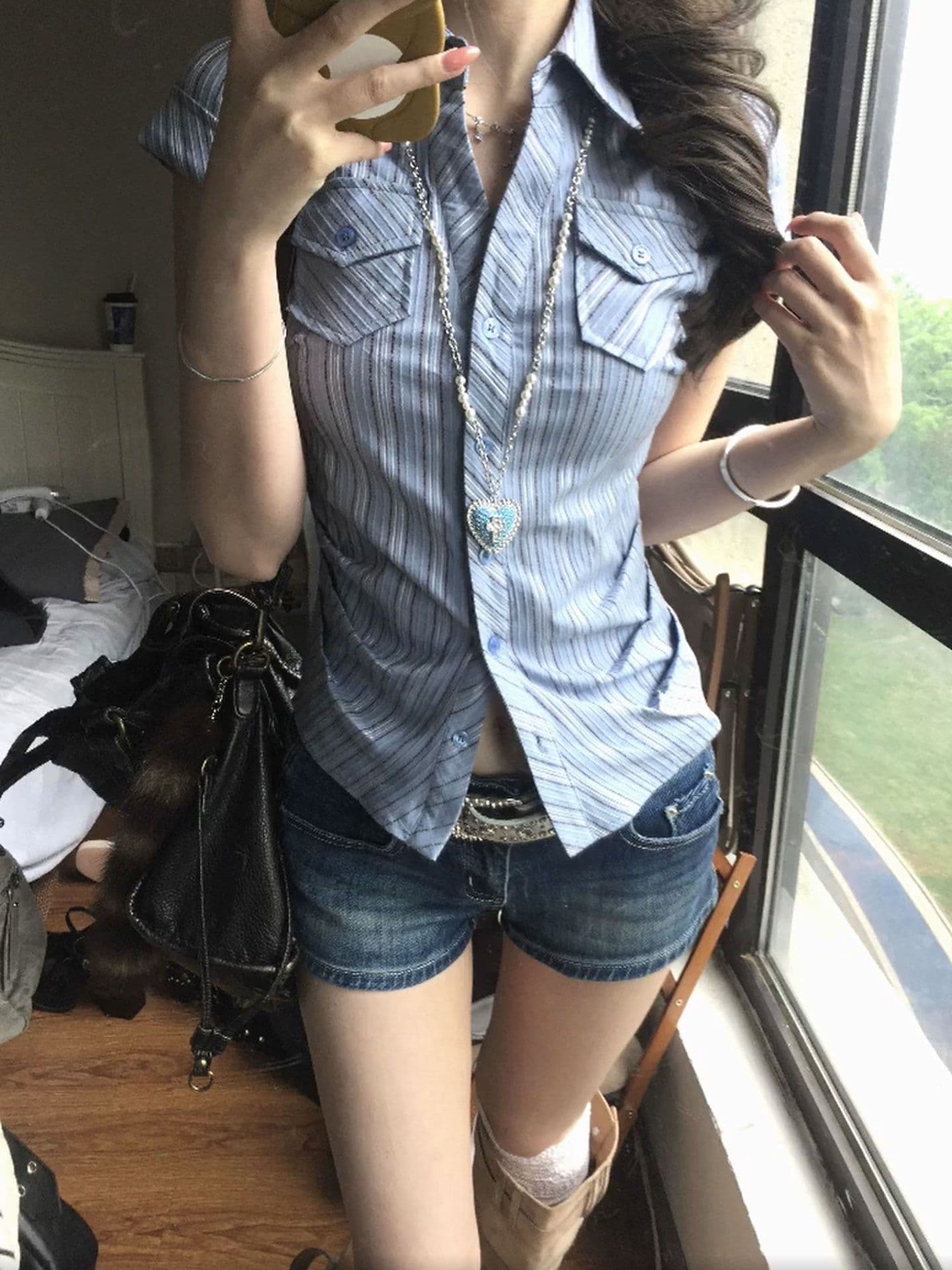 원본 자카드 한 부서 꼬집기 허리 질감 센스 스트라이프 주머니 셔츠 긍정적 인 어깨 반팔 맨위 여성 작은 셔츠 상세 이미지 8
