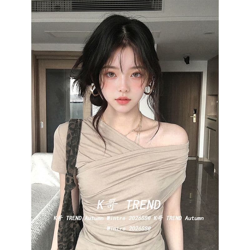 원본 것 비스듬한 어깨 반팔 티셔츠 여성 여름 디자인 센스 주름 허리 수축 몸매 가꾸기 슬림해 보이는 오프숄더 맨위 상세 이미지 6