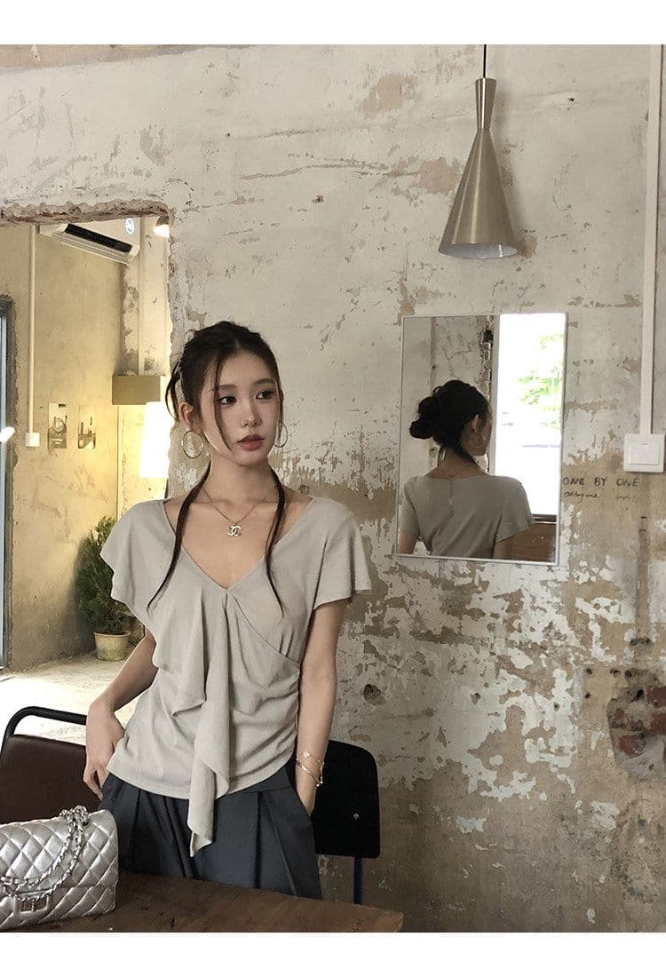 사람들 면 260 그램 반팔 티셔츠 여성 여름 착용 가져 가라. 프랑스식 V넥 회색 고유 한 아름다운 그레이트 봐. 의류 상세 이미지 2