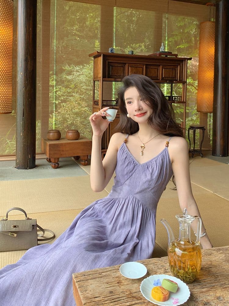 도파민 아름다운 보라색 슬립 여성 드레스 여름 520 데이트 섬 측면 가짜 허리 수축 해변 치마