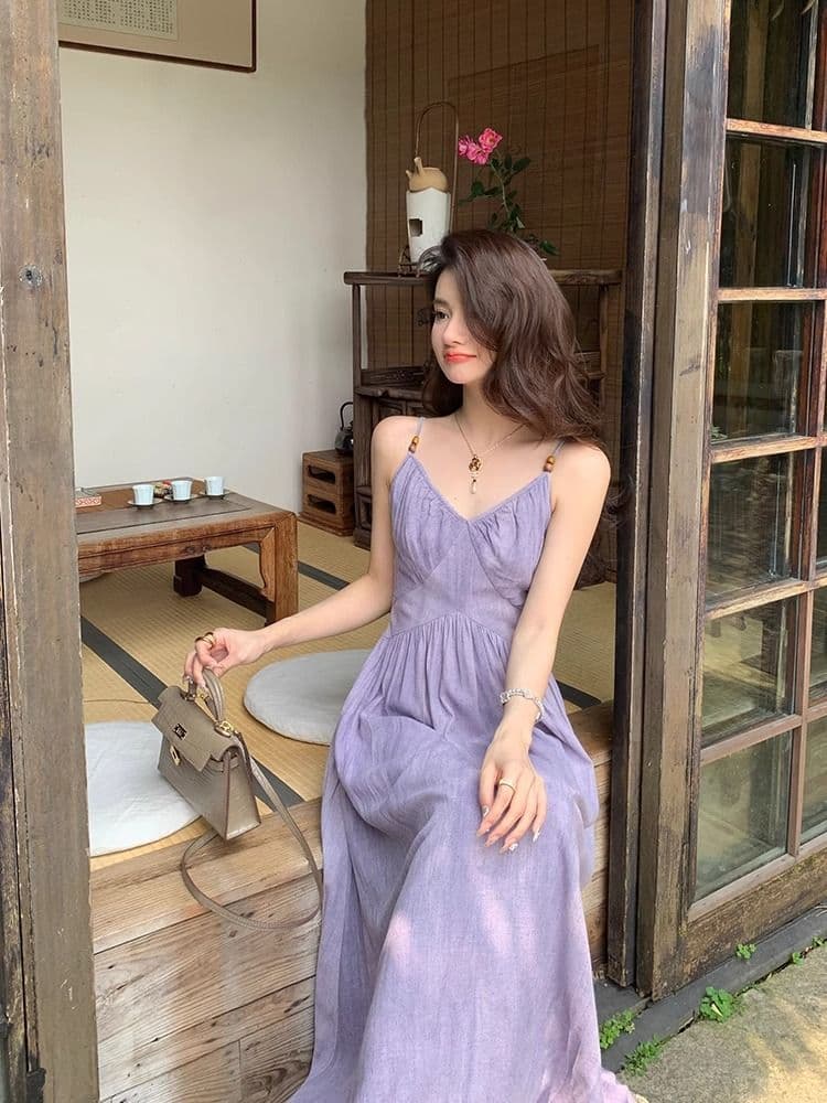 도파민 아름다운 보라색 슬립 여성 드레스 여름 520 데이트 섬 측면 가짜 허리 수축 해변 치마 이미지 4