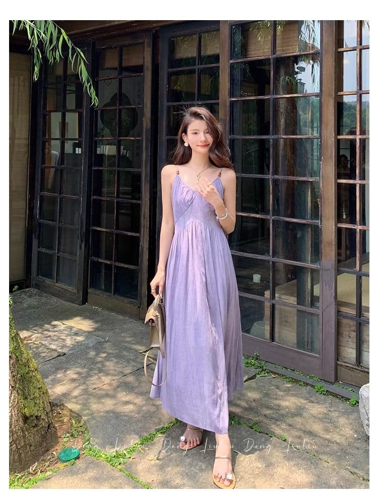 도파민 아름다운 보라색 슬립 여성 드레스 여름 520 데이트 섬 측면 가짜 허리 수축 해변 치마 상세 이미지 11