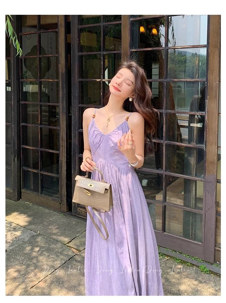 도파민 아름다운 보라색 슬립 여성 드레스 여름 520 데이트 섬 측면 가짜 허리 수축 해변 치마 상세 이미지 13