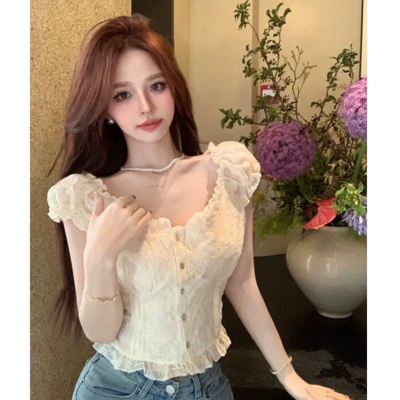 여름 새로운 여성 프랑스식 꽃무늬 거품 소매 쉬폰 셔츠 품격 쇼트 스타일 맨위 달콤함 반팔 화이트 셔츠 이미지 5
