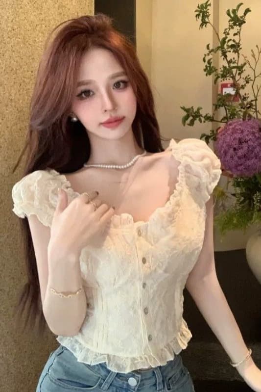 여름 새로운 여성 프랑스식 꽃무늬 거품 소매 쉬폰 셔츠 품격 쇼트 스타일 맨위 달콤함 반팔 화이트 셔츠 이미지 7