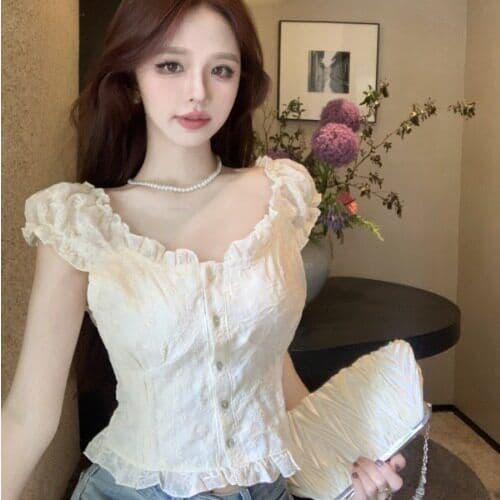 여름 새로운 여성 프랑스식 꽃무늬 거품 소매 쉬폰 셔츠 품격 쇼트 스타일 맨위 달콤함 반팔 화이트 셔츠 상세 이미지 2