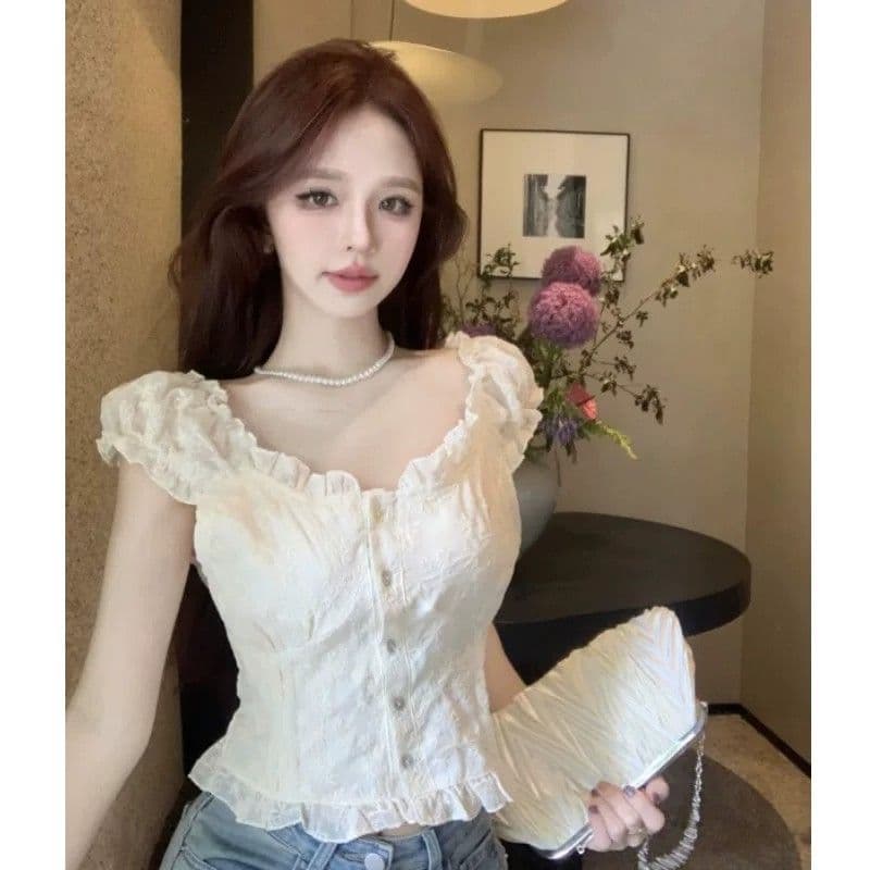 여름 새로운 여성 프랑스식 꽃무늬 거품 소매 쉬폰 셔츠 품격 쇼트 스타일 맨위 달콤함 반팔 화이트 셔츠 상세 이미지 3