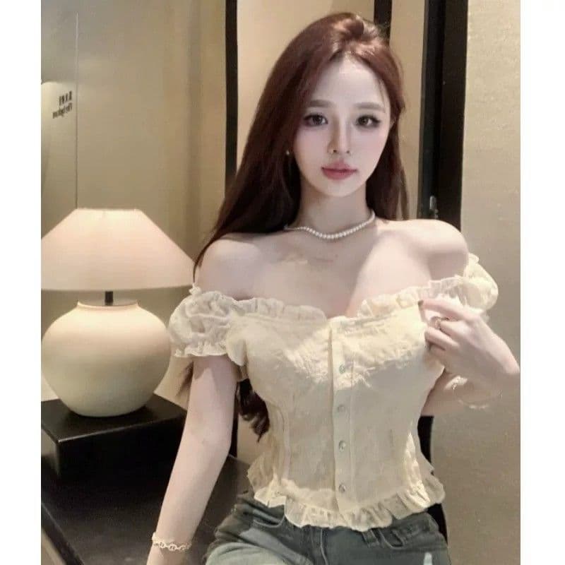 여름 새로운 여성 프랑스식 꽃무늬 거품 소매 쉬폰 셔츠 품격 쇼트 스타일 맨위 달콤함 반팔 화이트 셔츠 상세 이미지 4