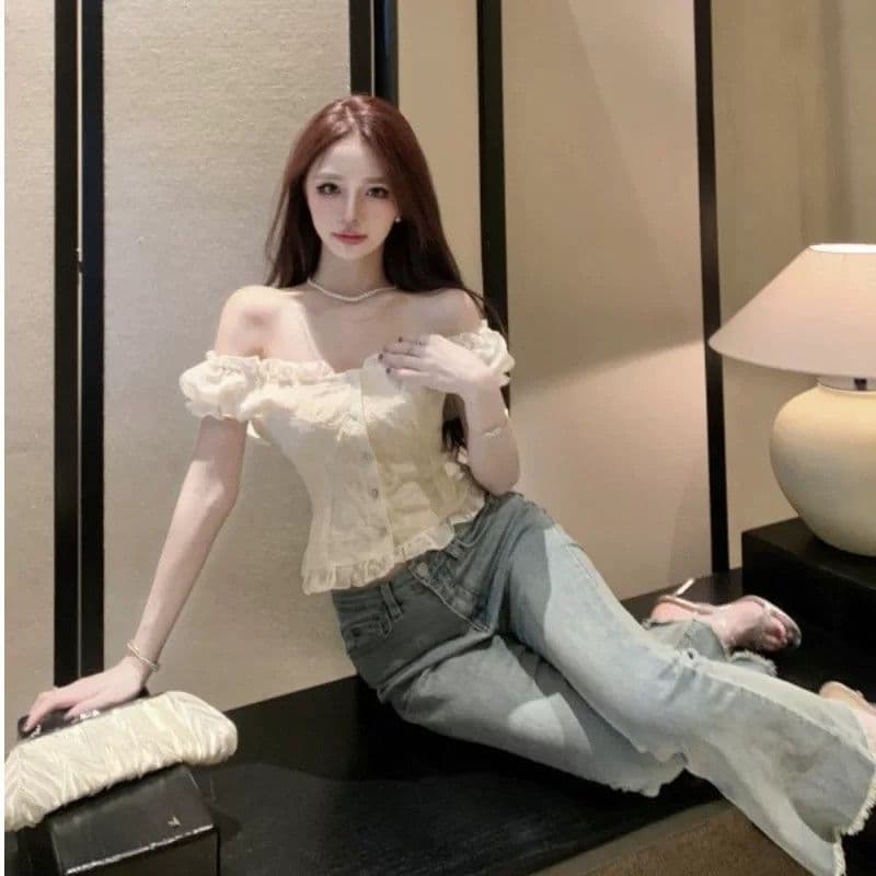 여름 새로운 여성 프랑스식 꽃무늬 거품 소매 쉬폰 셔츠 품격 쇼트 스타일 맨위 달콤함 반팔 화이트 셔츠 상세 이미지 5