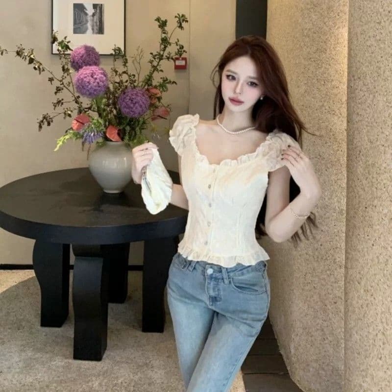 여름 새로운 여성 프랑스식 꽃무늬 거품 소매 쉬폰 셔츠 품격 쇼트 스타일 맨위 달콤함 반팔 화이트 셔츠 상세 이미지 7
