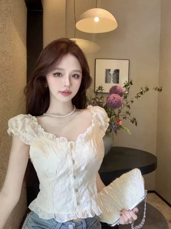 여름 새로운 여성 프랑스식 꽃무늬 거품 소매 쉬폰 셔츠 품격 쇼트 스타일 맨위 달콤함 반팔 화이트 셔츠 상세 이미지 8
