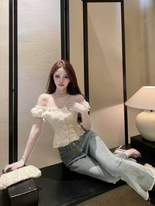 여름 새로운 여성 프랑스식 꽃무늬 거품 소매 쉬폰 셔츠 품격 쇼트 스타일 맨위 달콤함 반팔 화이트 셔츠 상세 이미지 10