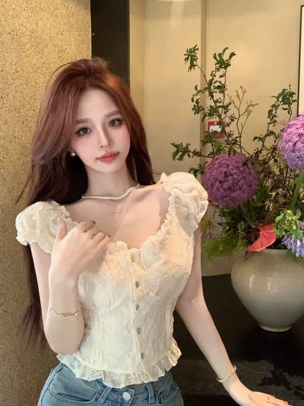 여름 새로운 여성 프랑스식 꽃무늬 거품 소매 쉬폰 셔츠 품격 쇼트 스타일 맨위 달콤함 반팔 화이트 셔츠 상세 이미지 11