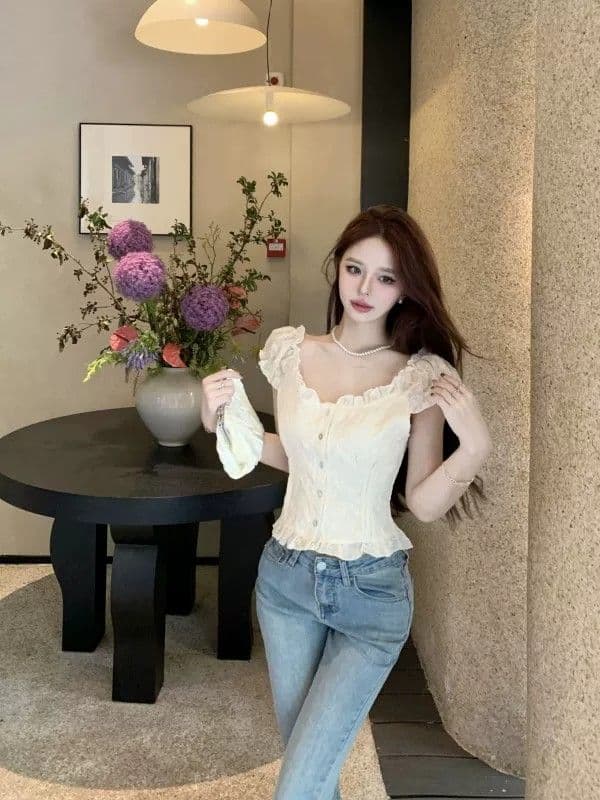 여름 새로운 여성 프랑스식 꽃무늬 거품 소매 쉬폰 셔츠 품격 쇼트 스타일 맨위 달콤함 반팔 화이트 셔츠 상세 이미지 12