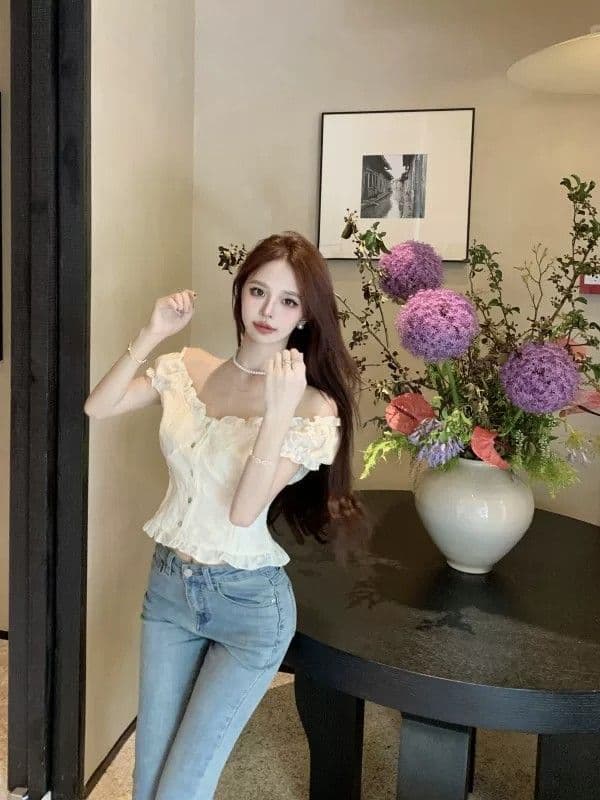 여름 새로운 여성 프랑스식 꽃무늬 거품 소매 쉬폰 셔츠 품격 쇼트 스타일 맨위 달콤함 반팔 화이트 셔츠 상세 이미지 13