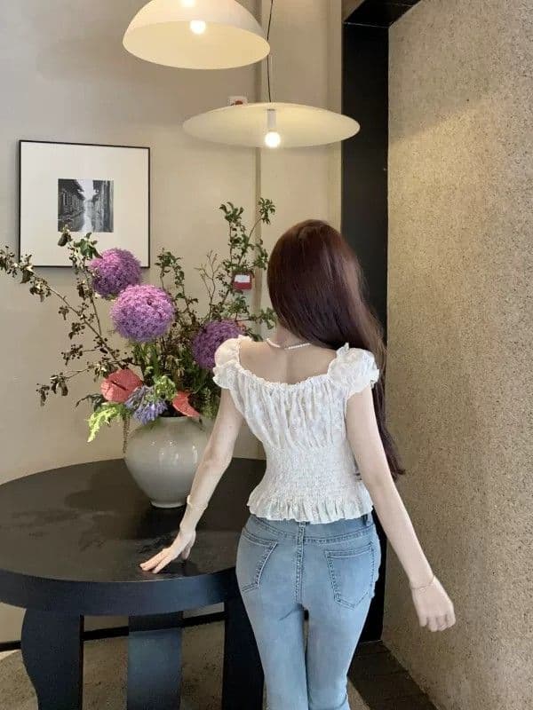 여름 새로운 여성 프랑스식 꽃무늬 거품 소매 쉬폰 셔츠 품격 쇼트 스타일 맨위 달콤함 반팔 화이트 셔츠 상세 이미지 15