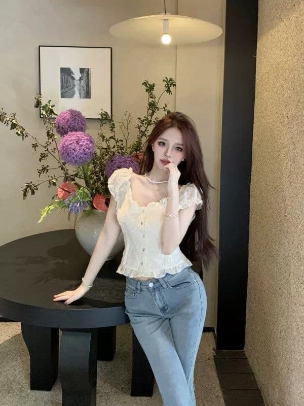 여름 새로운 여성 프랑스식 꽃무늬 거품 소매 쉬폰 셔츠 품격 쇼트 스타일 맨위 달콤함 반팔 화이트 셔츠 상세 이미지 16