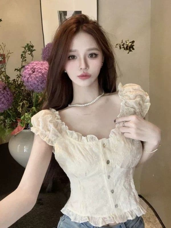 여름 새로운 여성 프랑스식 꽃무늬 거품 소매 쉬폰 셔츠 품격 쇼트 스타일 맨위 달콤함 반팔 화이트 셔츠 상세 이미지 17
