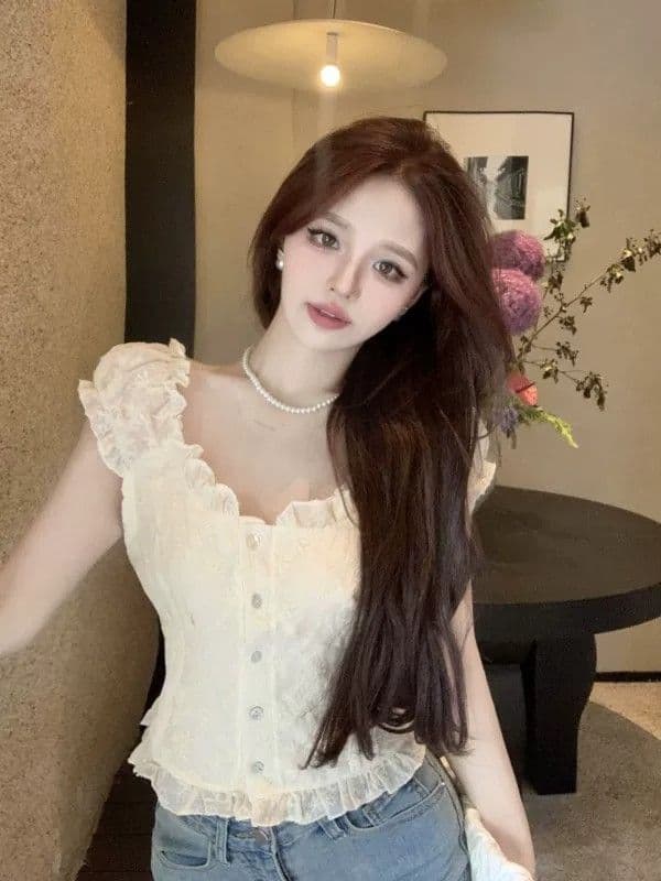 여름 새로운 여성 프랑스식 꽃무늬 거품 소매 쉬폰 셔츠 품격 쇼트 스타일 맨위 달콤함 반팔 화이트 셔츠 상세 이미지 19