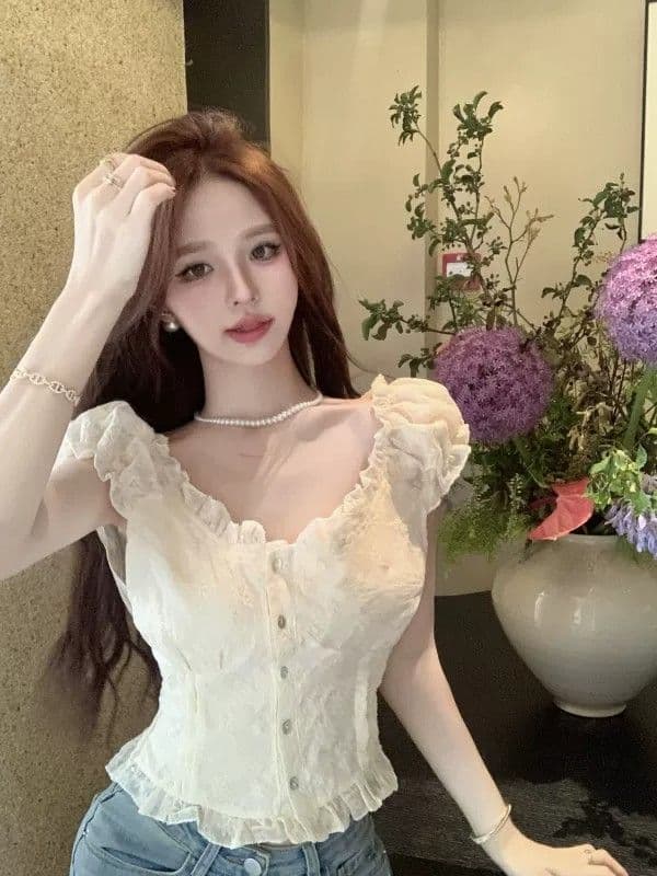 여름 새로운 여성 프랑스식 꽃무늬 거품 소매 쉬폰 셔츠 품격 쇼트 스타일 맨위 달콤함 반팔 화이트 셔츠 상세 이미지 21