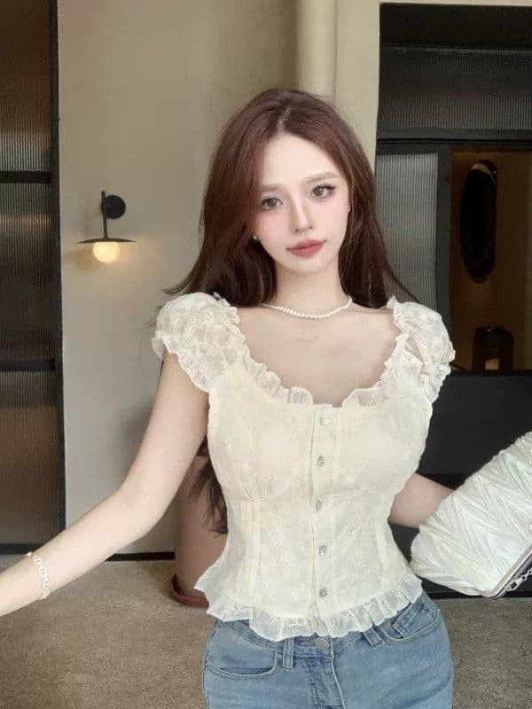 여름 새로운 여성 프랑스식 꽃무늬 거품 소매 쉬폰 셔츠 품격 쇼트 스타일 맨위 달콤함 반팔 화이트 셔츠 상세 이미지 22