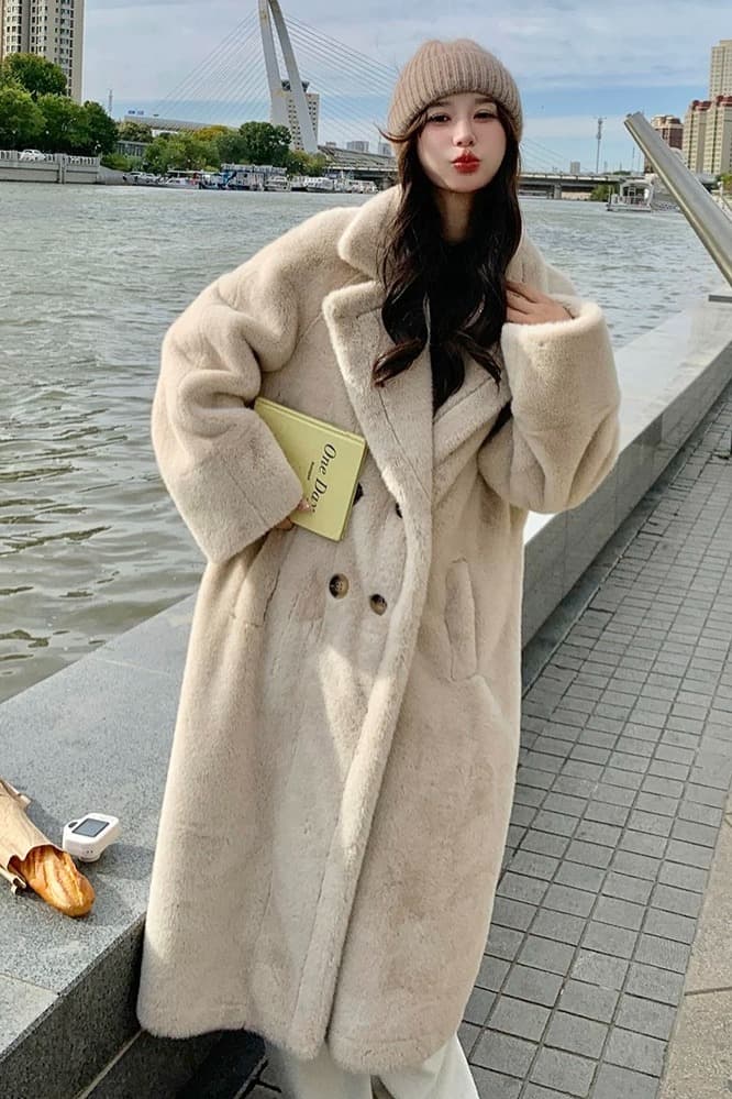 겨울 환경 보호 모피 모방 밍크 플리스 롱 코트 루즈핏 두꺼운 플러스 면 보온 정장 칼라 모피 외투 여성 이미지 6