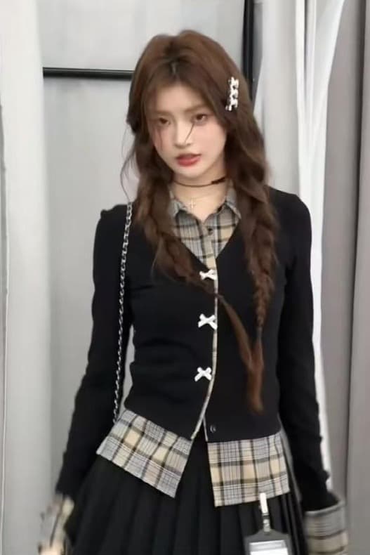 원본 것 한 부서 페이크 레이어드 체크무늬 니트 오픈 가디건 여성 학원 스타일 허리 수축 슬림해 보이는 긴팔 맨위 이미지 6