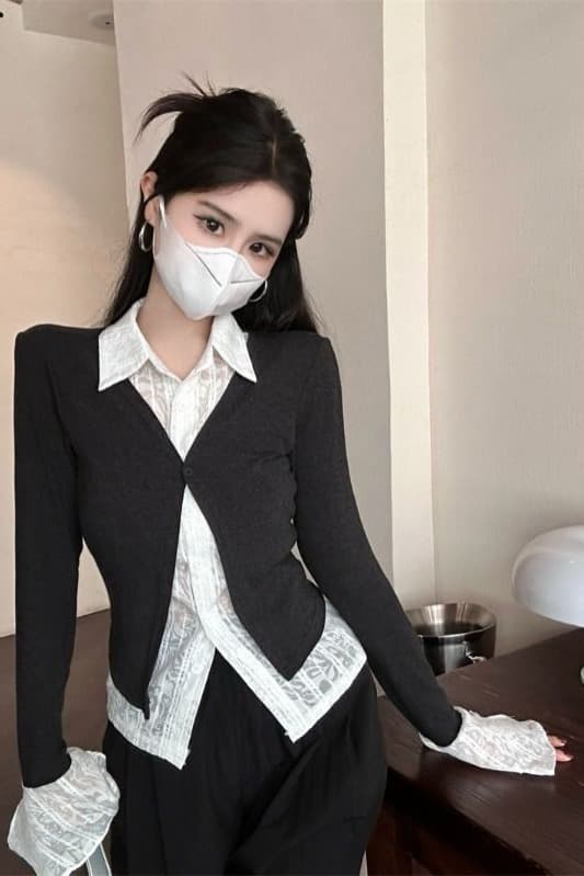 품격 긍정적 인 어깨 페이크 레이어드 여성 셔츠 가을 겨울 패치워크 긴팔 셔츠 허리 수축 슬림해 보이는 맨위 이미지 6