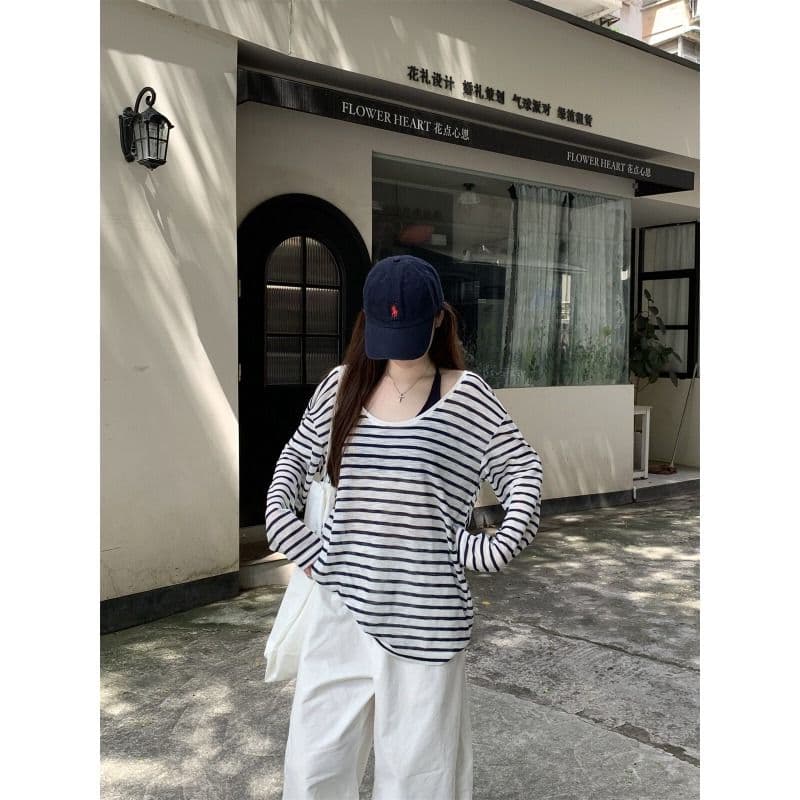 주간 실크 눈꽃 자외선 차단 블라우스 여성 여름 ootd 착용 가져 가라. 2026 새로운 긴 소매 티셔츠 루즈핏 스트라이프 비스듬한 어깨 의류 이미지 4