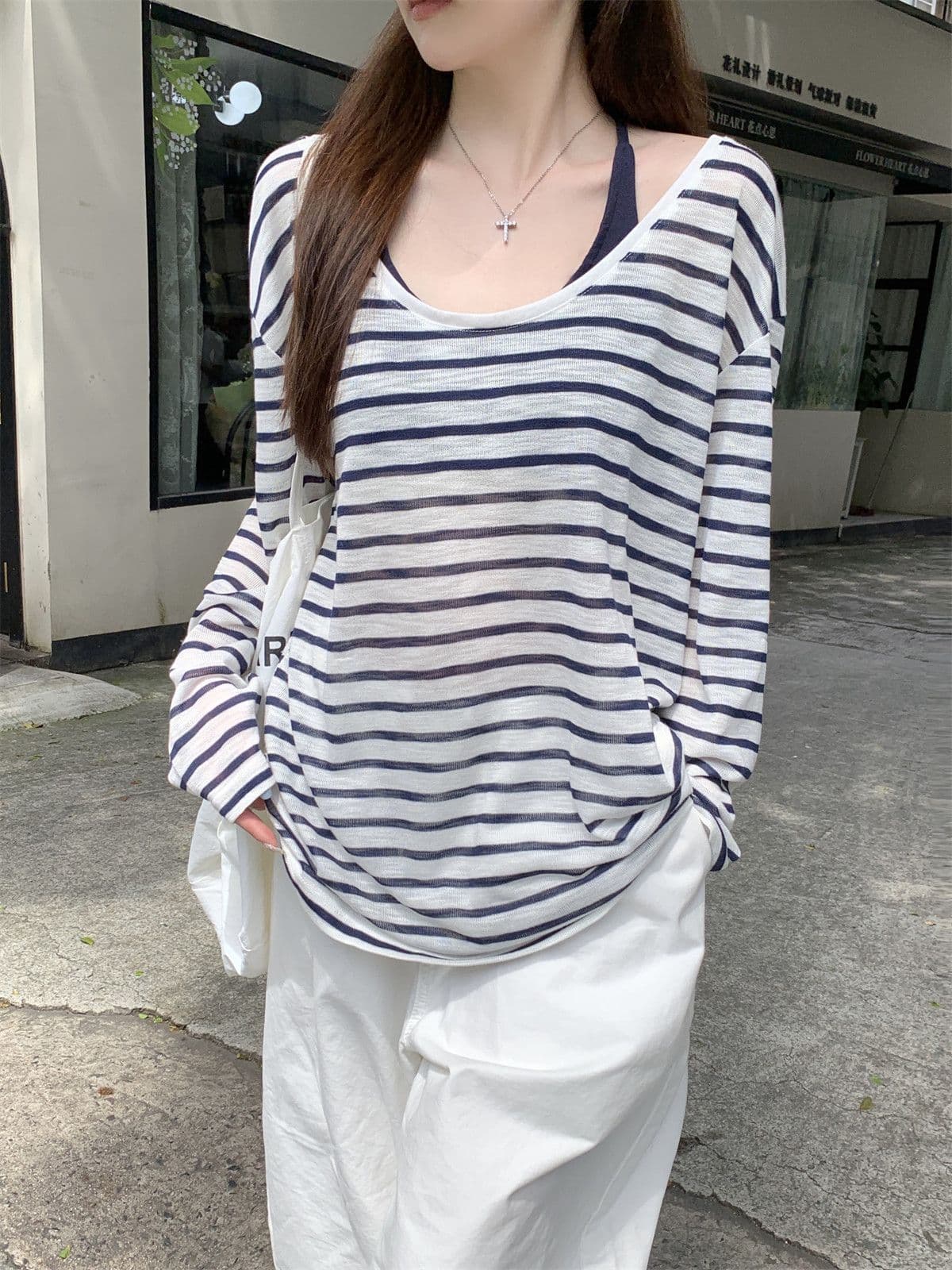 주간 실크 눈꽃 자외선 차단 블라우스 여성 여름 ootd 착용 가져 가라. 2026 새로운 긴 소매 티셔츠 루즈핏 스트라이프 비스듬한 어깨 의류 상세 이미지 5