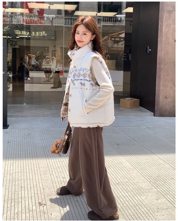공정한 섬 양면 착용 양털 조끼 여자 외출용 겨울 두꺼운 보온 조끼 플리스 스탠드 칼라 면 의류 재킷 상세 이미지 34