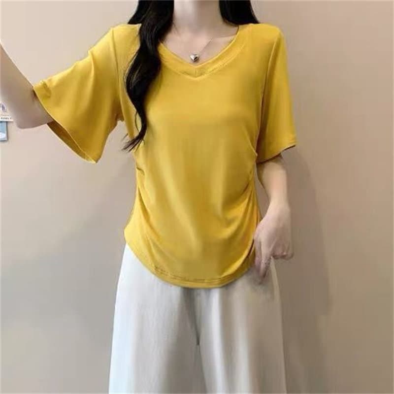 V넥 주름 허리 수축 반팔 티셔츠 여성 여름 루즈핏 슬림해 보이는 한국 스타일 기본 셔츠 외출용 반소매 맨위 트렌디 이미지 2